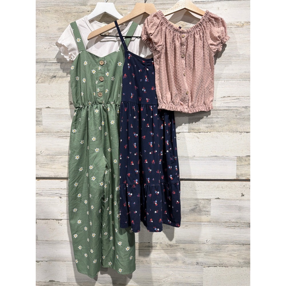 Lily Bleu Old Navy Girls Size 10 Green Navy Pink Floral Jumpsuit Dress Top EUC